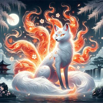 The primary subject of the image is a white fox with a flaming mane, sitting in a body of water. The setting is a forest, with trees visible in the background. The visual style is digital art, as the fox is depicted with a vibrant and detailed appearance. The colors and mood of the image are predominantly white and orange, creating a sense of warmth and energy.